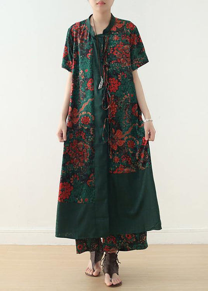 Summer Silk Blended Two Pieces V Neck Short Sleeve Cardigan With Elastic Waist Wide Leg Pants
