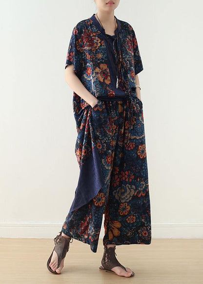 Summer Silk Blended Two Pieces V Neck Short Sleeve Cardigan With Elastic Waist Wide Leg Pants
