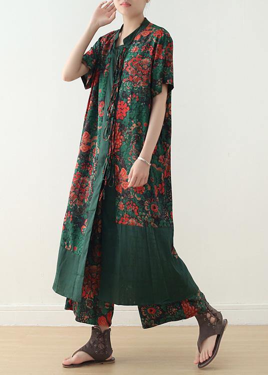 Summer Silk Blended Two Pieces V Neck Short Sleeve Cardigan With Elastic Waist Wide Leg Pants