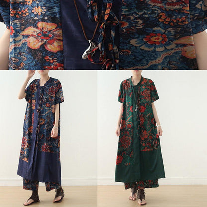 Summer Silk Blended Two Pieces V Neck Short Sleeve Cardigan With Elastic Waist Wide Leg Pants