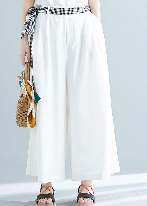 Summer White Cotton Trousers Loose Tie Waist Wide Leg Pants