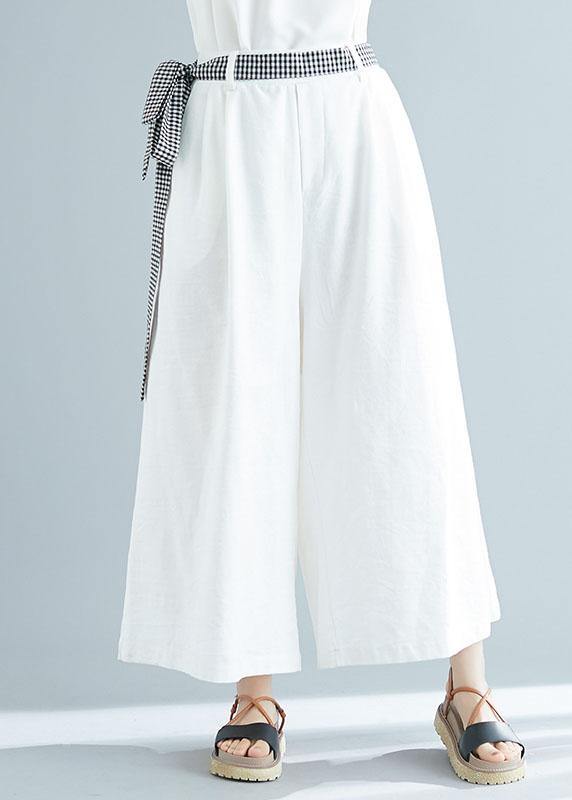 Summer White Cotton Trousers Loose Tie Waist Wide Leg Pants