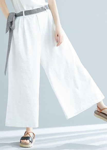 Summer White Cotton Trousers Loose Tie Waist Wide Leg Pants