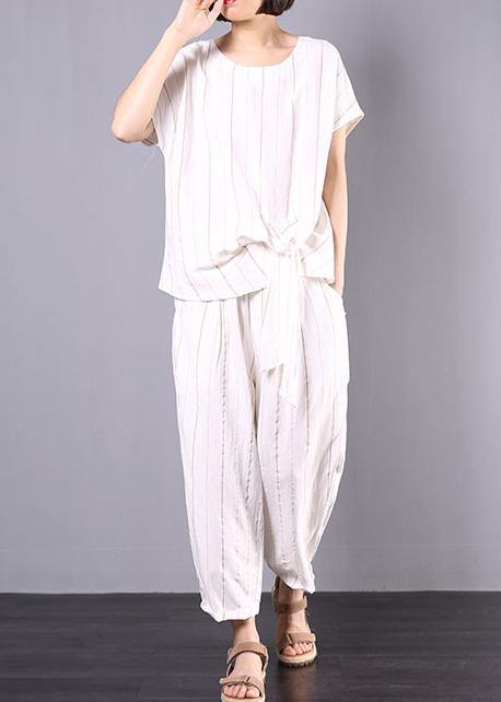 Summer White Striped Linen Tie Hem Tops and Elastic Waist Pants Two Pieces