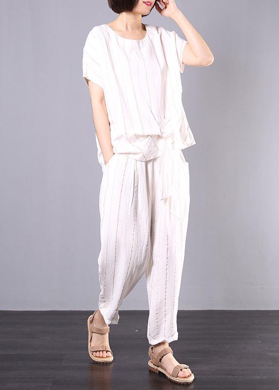 Summer White Striped Linen Tie Hem Tops and Elastic Waist Pants Two Pieces