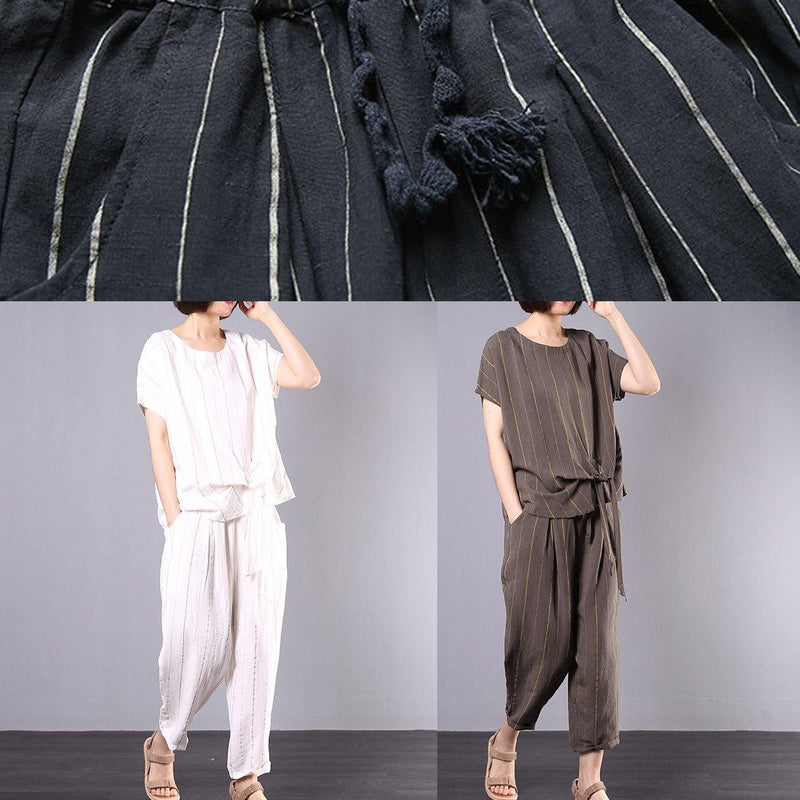 Summer White Striped Linen Tie Hem Tops and Elastic Waist Pants Two Pieces