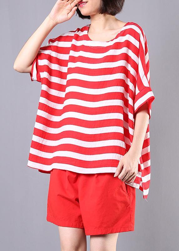 Summer Two Pieces Red Striped O Neck Tops and Shorts
