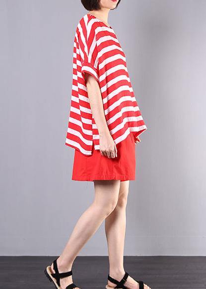 Summer Two Pieces Red Striped O Neck Tops and Shorts