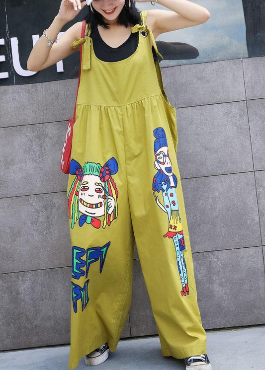 Summer Yellow Cotton Cartoon Prints Jumpsuit Pants Jumpsuit Pants