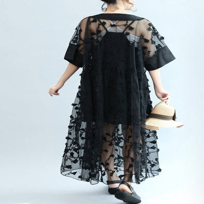 Summer Black Embroidery Lace Dresses Maxi Dress