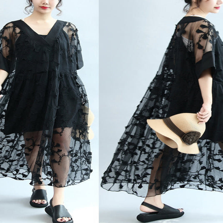 Summer Black Embroidery Lace Dresses Maxi Dress