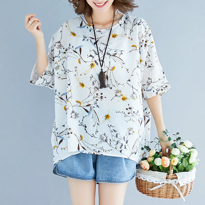 Summer White Print Silk Tops Tie Bust Short Sleeve T Shirt