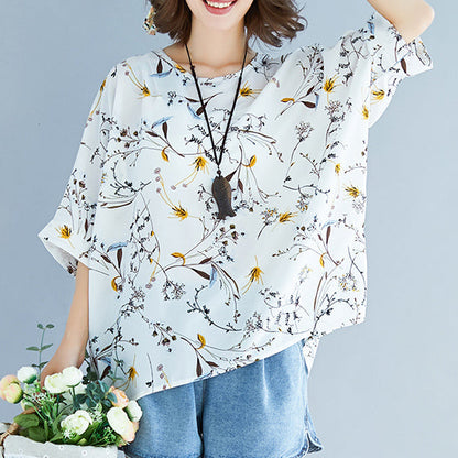 Summer White Print Silk Tops Tie Bust Short Sleeve T Shirt