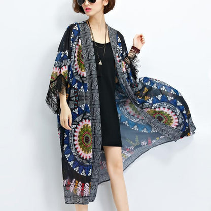 Sundress New Black Prints Chiffon Cardigans Tassel Half Sleeve Summer Outwear