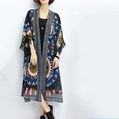 Sundress New Black Prints Chiffon Cardigans Tassel Half Sleeve Summer Outwear