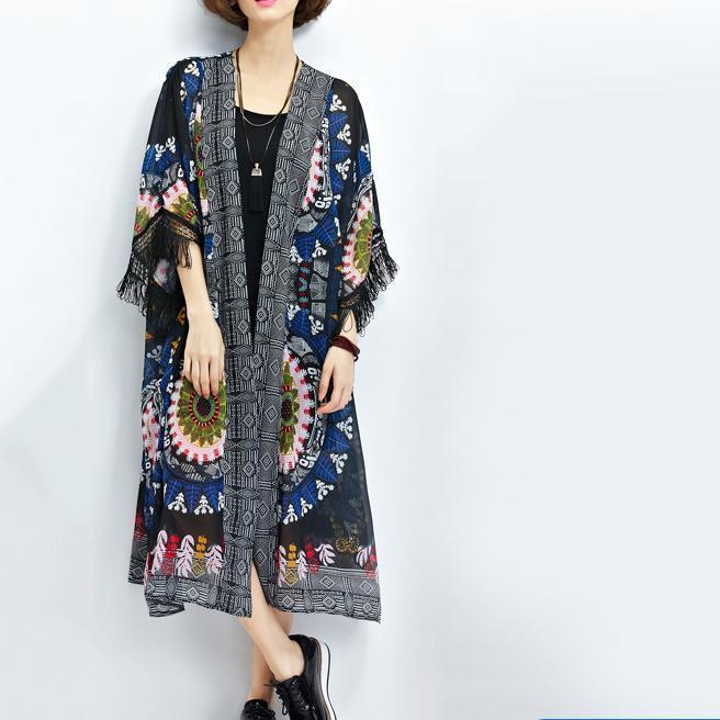 Sundress New Black Prints Chiffon Cardigans Tassel Half Sleeve Summer Outwear