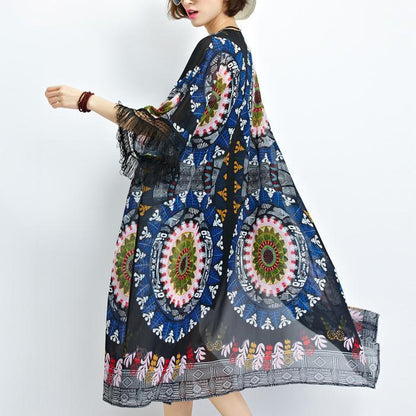 Sundress New Black Prints Chiffon Cardigans Tassel Half Sleeve Summer Outwear