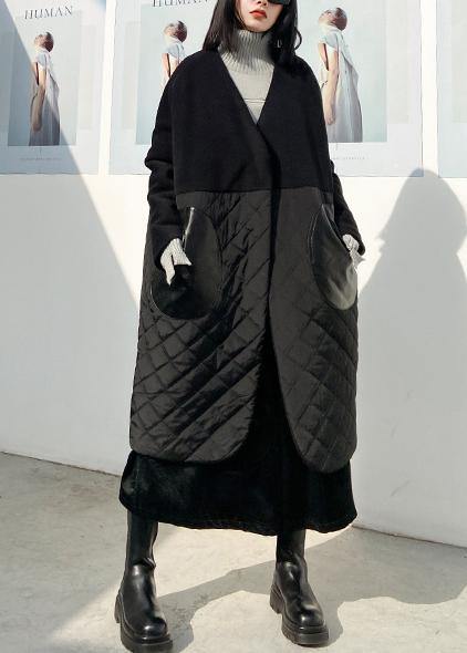 Thick Black Overcoat Clothing Down Jacket V Neck Patchwork Winter Coats