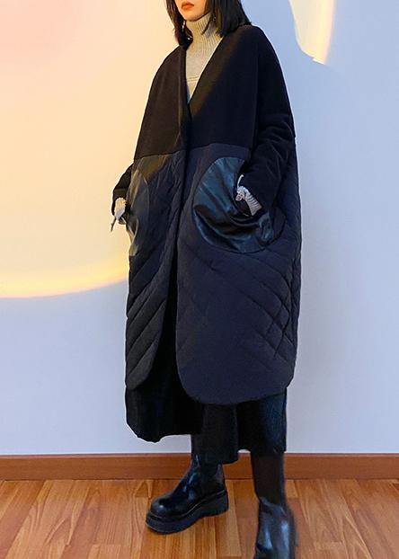 Thick Black Overcoat Clothing Down Jacket V Neck Patchwork Winter Coats