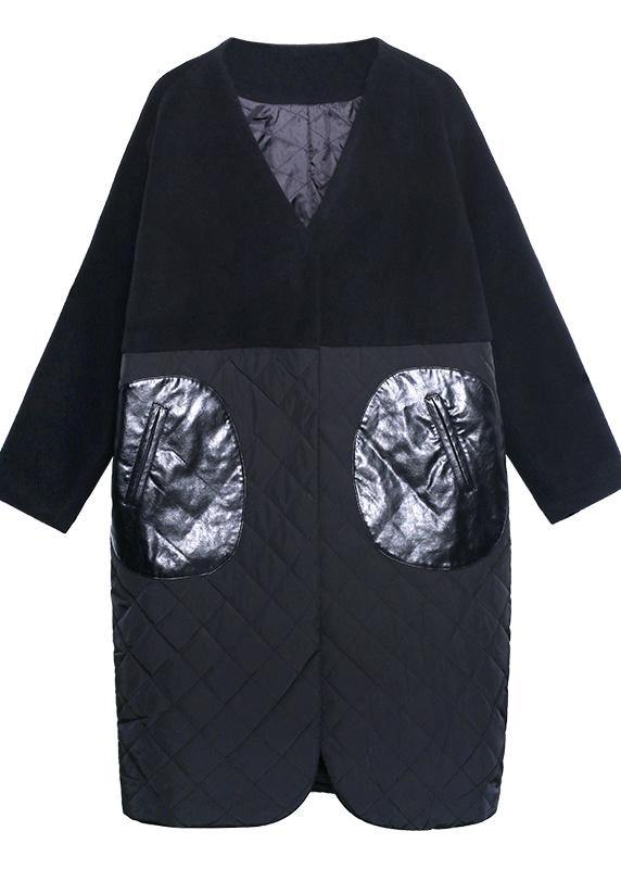 Thick Black Overcoat Clothing Down Jacket V Neck Patchwork Winter Coats
