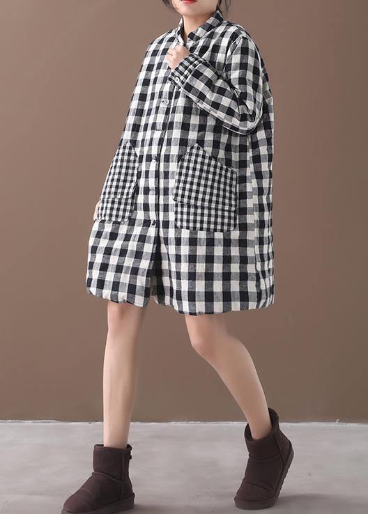 Thick Black White Plaid Winter Coats Warm Stand Collar Pockets Overcoat