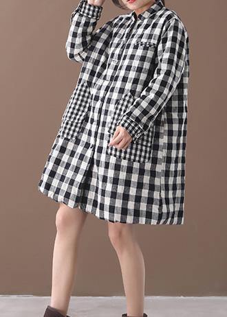 Thick Black White Plaid Winter Coats Warm Stand Collar Pockets Overcoat