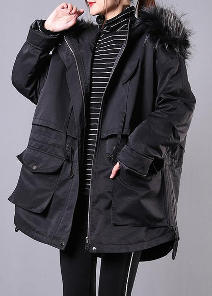Thick Black Winter Parkas Oversize Down Jacket Hooded Fur Collar Overcoat