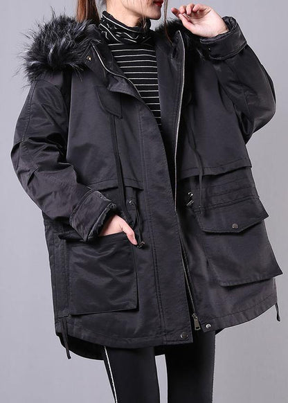 Thick Black Winter Parkas Oversize Down Jacket Hooded Fur Collar Overcoat
