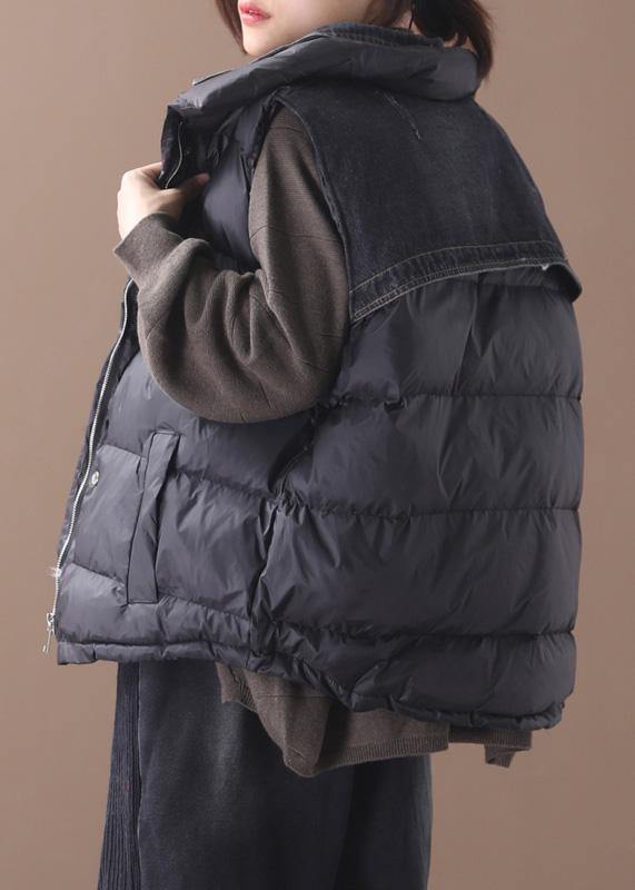 Thick Black Parka Oversized Down Jacket Sleeveless Stand Collar Winter Short Outwear