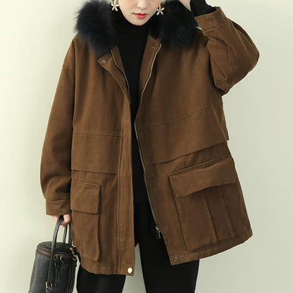 Thick Brown Winter Parkas Snow Jackets Winter Faux Fur Collar Overcoat