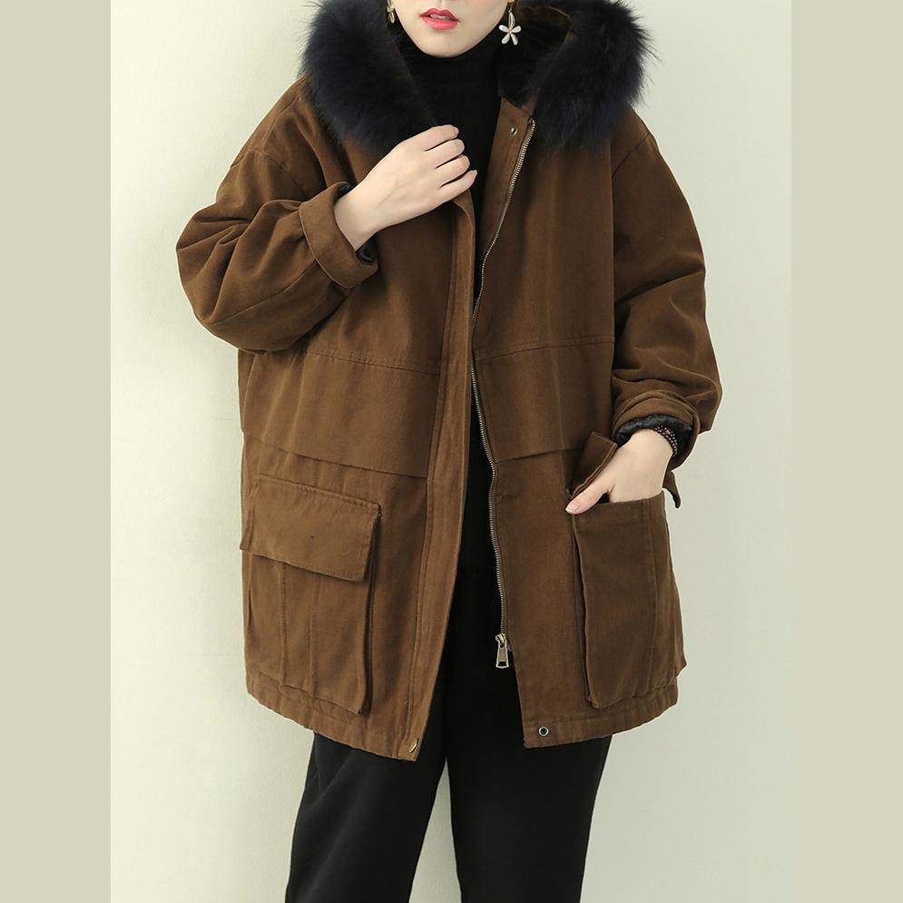 Thick Brown Winter Parkas Snow Jackets Winter Faux Fur Collar Overcoat
