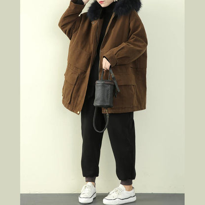 Thick Brown Winter Parkas Snow Jackets Winter Faux Fur Collar Overcoat
