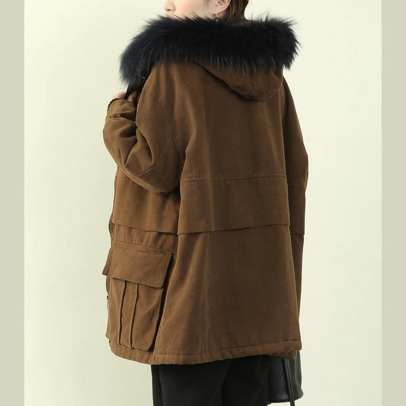 Thick Brown Winter Parkas Snow Jackets Winter Faux Fur Collar Overcoat
