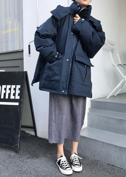 Thick Dark Blue Parkas Down Jacket Winter Outwear Hooded