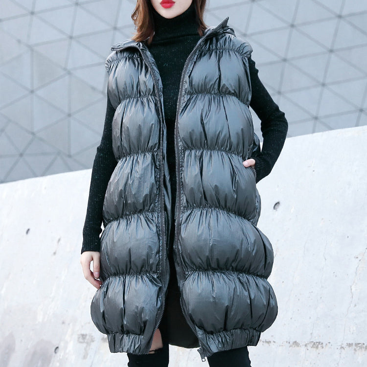 Thick Gray Down Jacket Hooded Zippered Parka Fine Sleeveless Tunic Coat