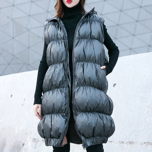Thick Gray Down Jacket Hooded Zippered Parka Fine Sleeveless Tunic Coat