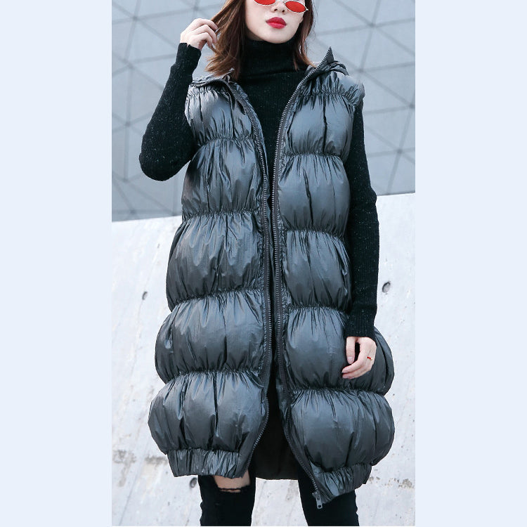 Thick Gray Down Jacket Hooded Zippered Parka Fine Sleeveless Tunic Coat