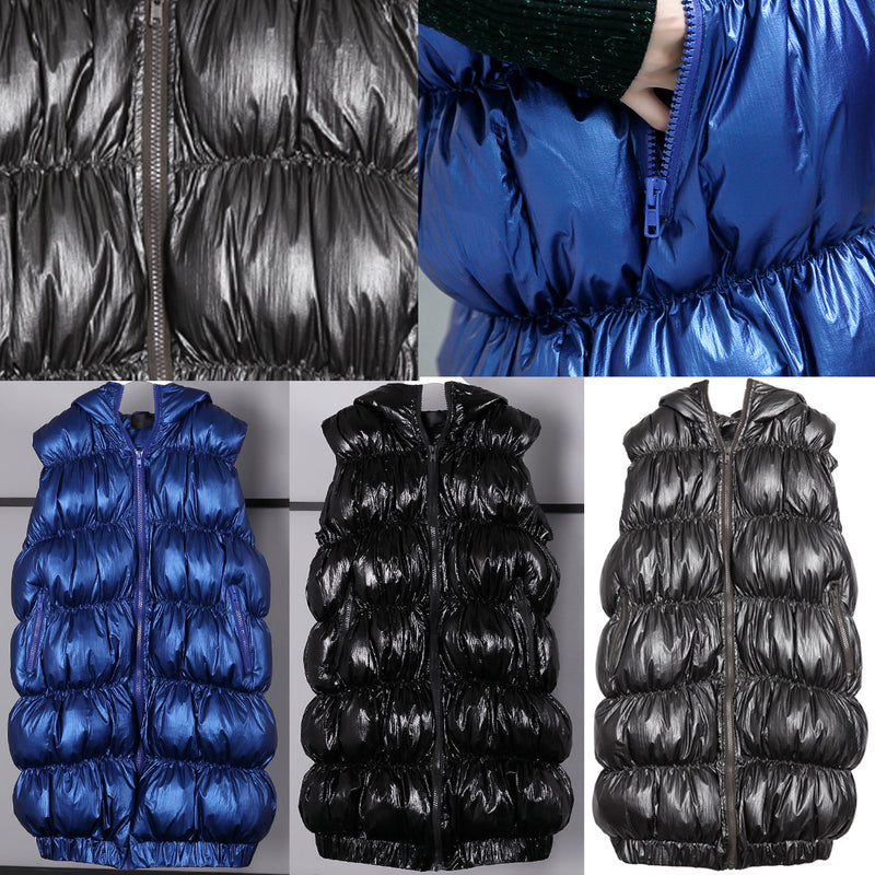 Thick Gray Down Jacket Hooded Zippered Parka Fine Sleeveless Tunic Coat