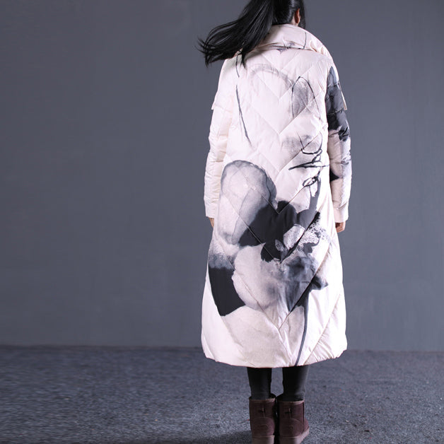 Thick Light Nude Print Quilted Coat Stand Collar Puffers Jackets Pockets Zippered Puffers Jackets
