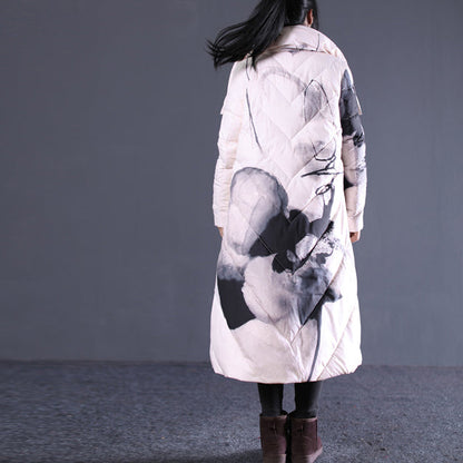 Thick Light Nude Print Quilted Coat Stand Collar Puffers Jackets Pockets Zippered Puffers Jackets