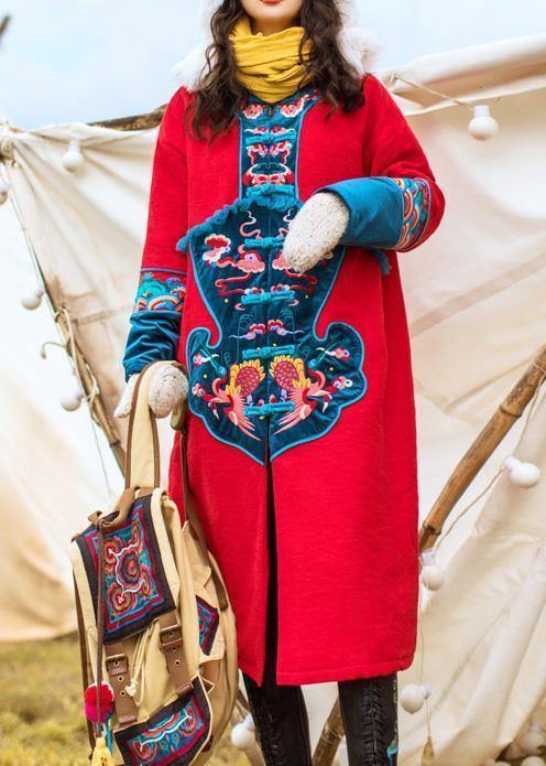 Thick Jackets & Coats Embroidery Winter Outwear Red Chinese Button Parkas for