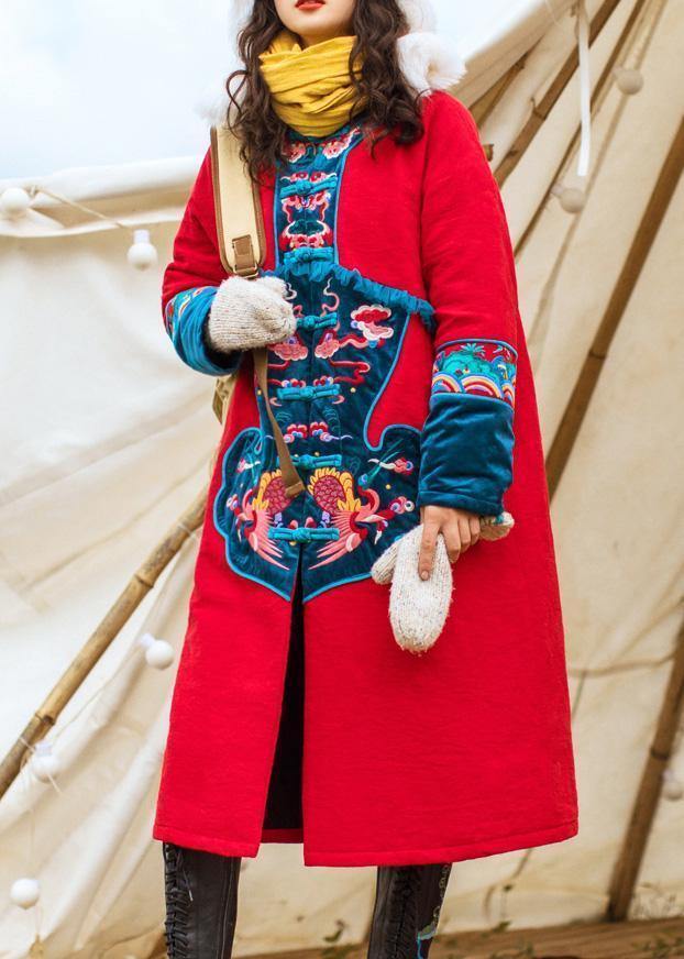 Thick Jackets & Coats Embroidery Winter Outwear Red Chinese Button Parkas for