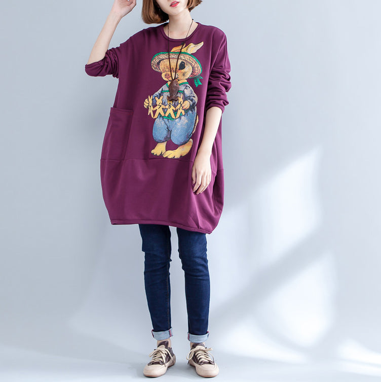 Thick Warm Burgundy Print Cotton Maternity Dress Oversize O Neck Dress