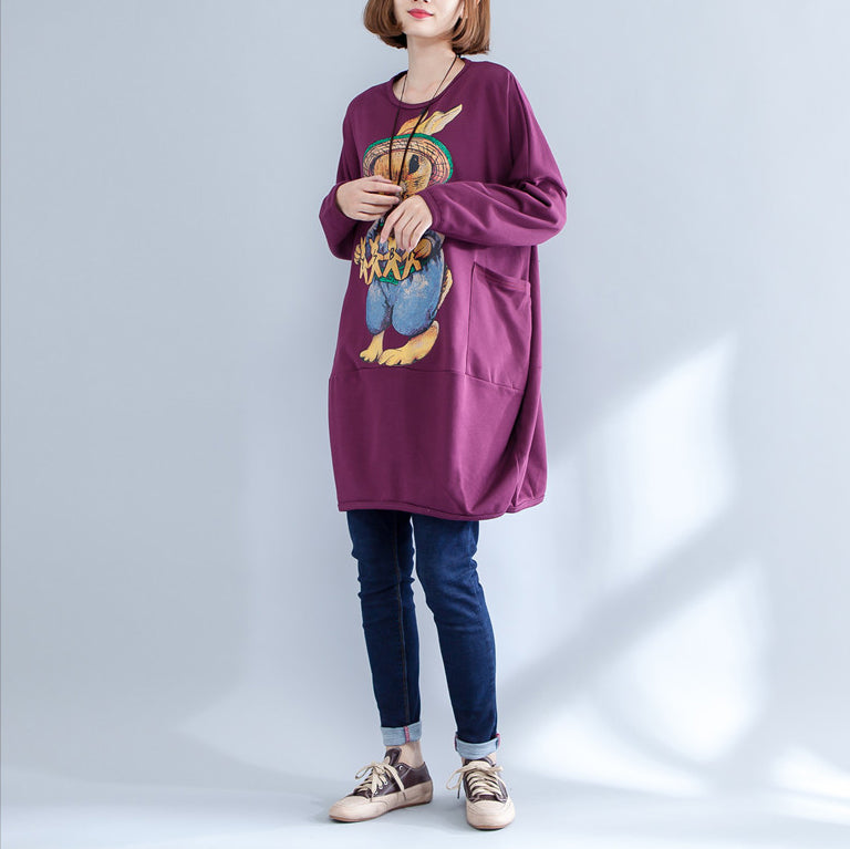 Thick Warm Burgundy Print Cotton Maternity Dress Oversize O Neck Dress