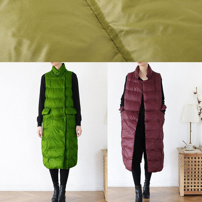 Thick Yellow Green Outfit Down Jacket Stand Collar Sleeveless Winter Outwear