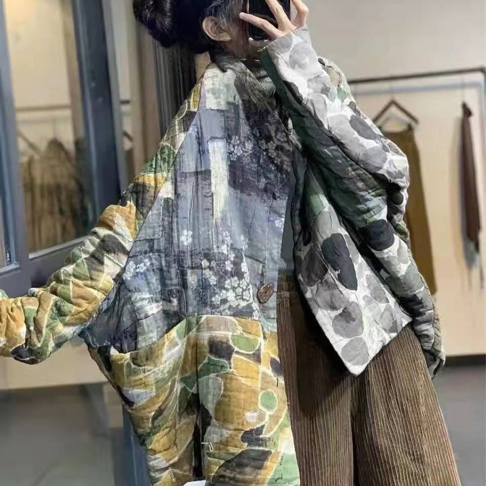 Thick Prints Outwear Clothing Snow Jackets Patchwork V Neck Overcoat
