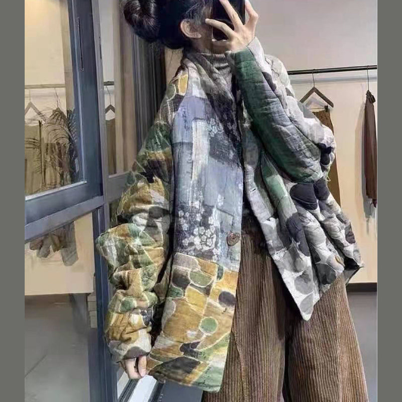 Thick Prints Outwear Clothing Snow Jackets Patchwork V Neck Overcoat