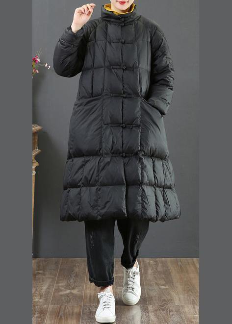 Fine Loose Fitting Long Coat Winter Jacket Black Stand Collar Chinese Button Woolen Outwear