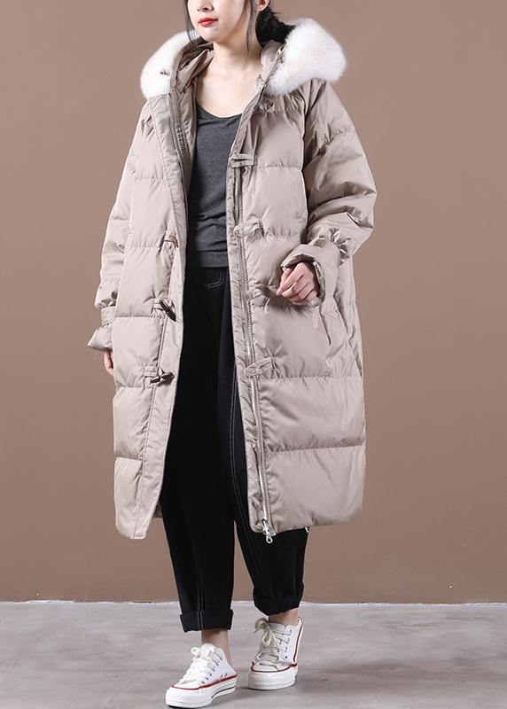 Loose Fitting Snow Jackets Pocket Outwear Khaki Hooded Fur Collar Down Coats