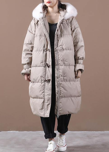 Loose Fitting Snow Jackets Pocket Outwear Khaki Hooded Fur Collar Down Coats
